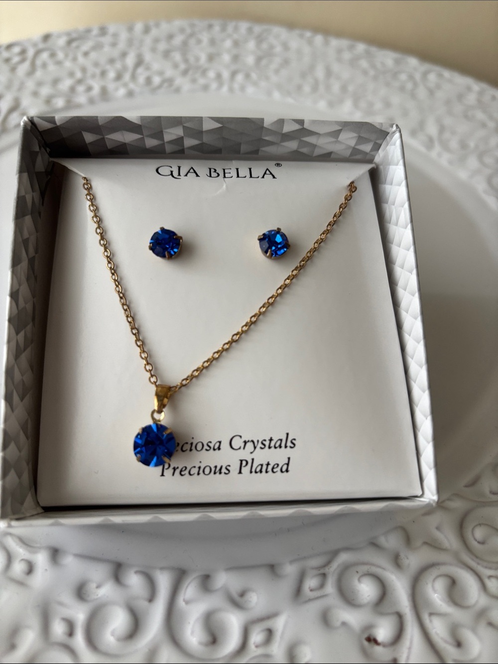 Gia Bella Gold Necklace and earring’s set w/ Blue Crystal Pendant NWT